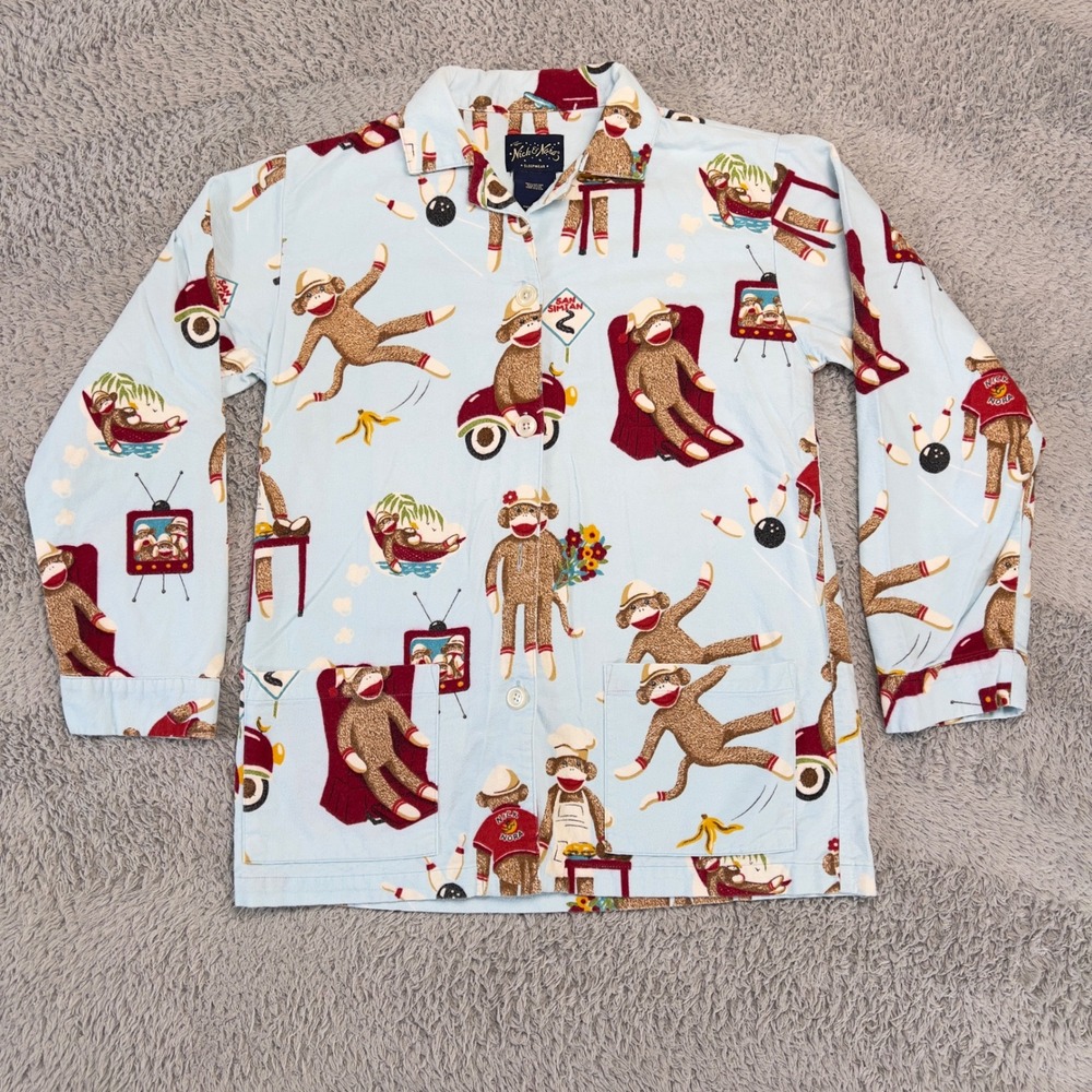 Vintage Nick & Nora Pajama Set Small Sock Monkey Bowling Car Beach Cook Y2K Blue